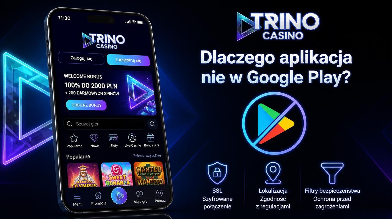 Ekran aplikacji Trino z ikonką Play Store przekreśloną, informacje o regulacjach i bezpieczeństwie