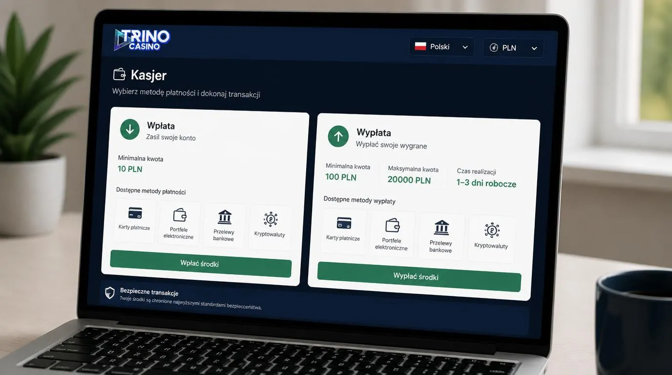 Panel kasjera z wpłatą 10 PLN, wypłatą od 100 PLN i wyborem polskiego języka oraz waluty konta