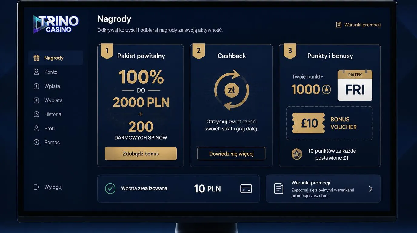 Panel bonusów z ofertą powitalną, kartą cashback i piątkową wymianą punktów na bonus